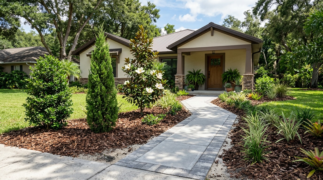 Small evergreen trees landscaped along a sunny Lake Mary, FL front yard walkway Small evergreen trees landscaped along a sunny Lake Mary, FL front yard walkway