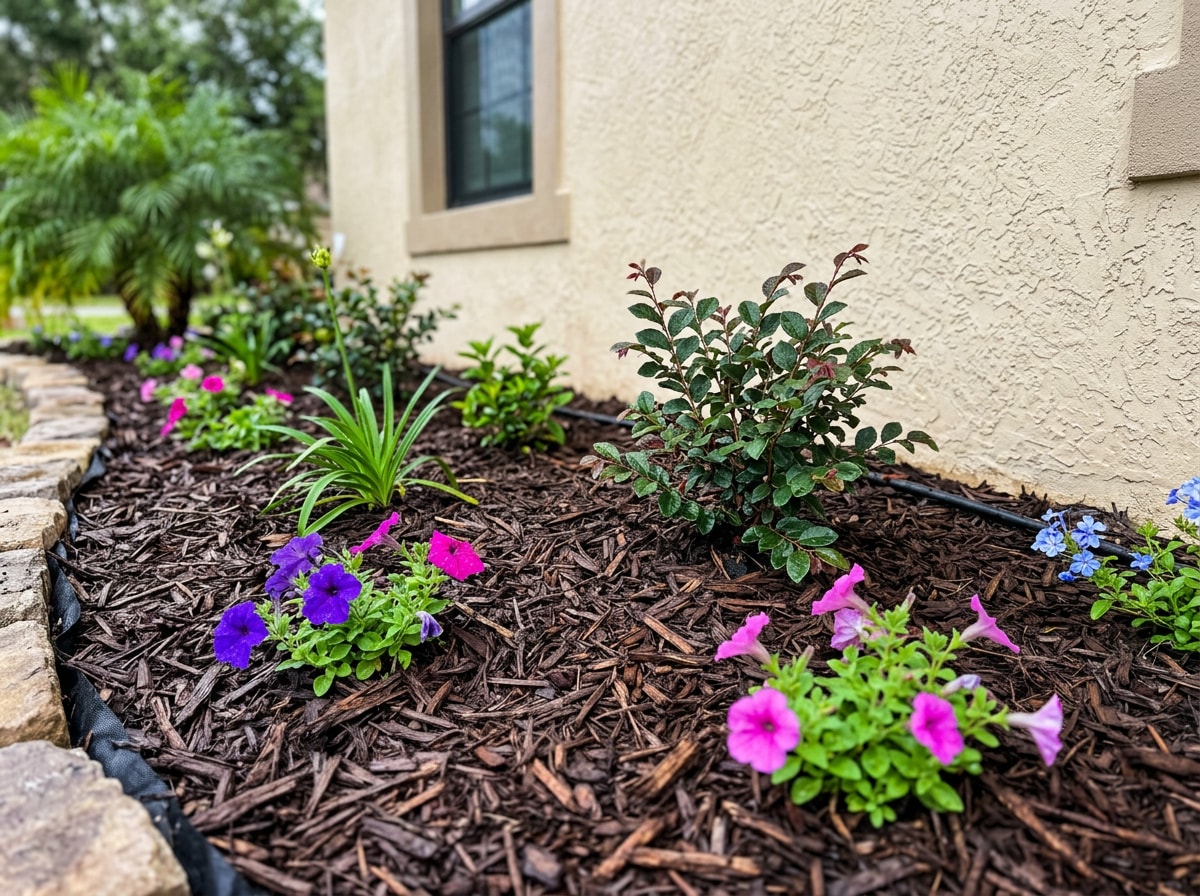 Freshly installed softscape planting bed with mulch, shrubs, and seasonal flowers in a Central Florida yard