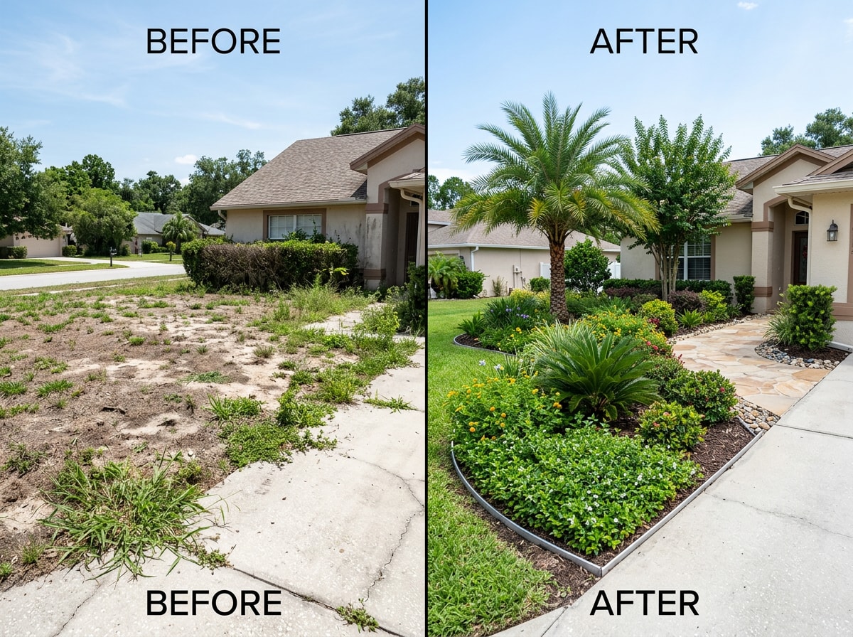 Before and after comparison showing layered planting design in a Central Florida landscape