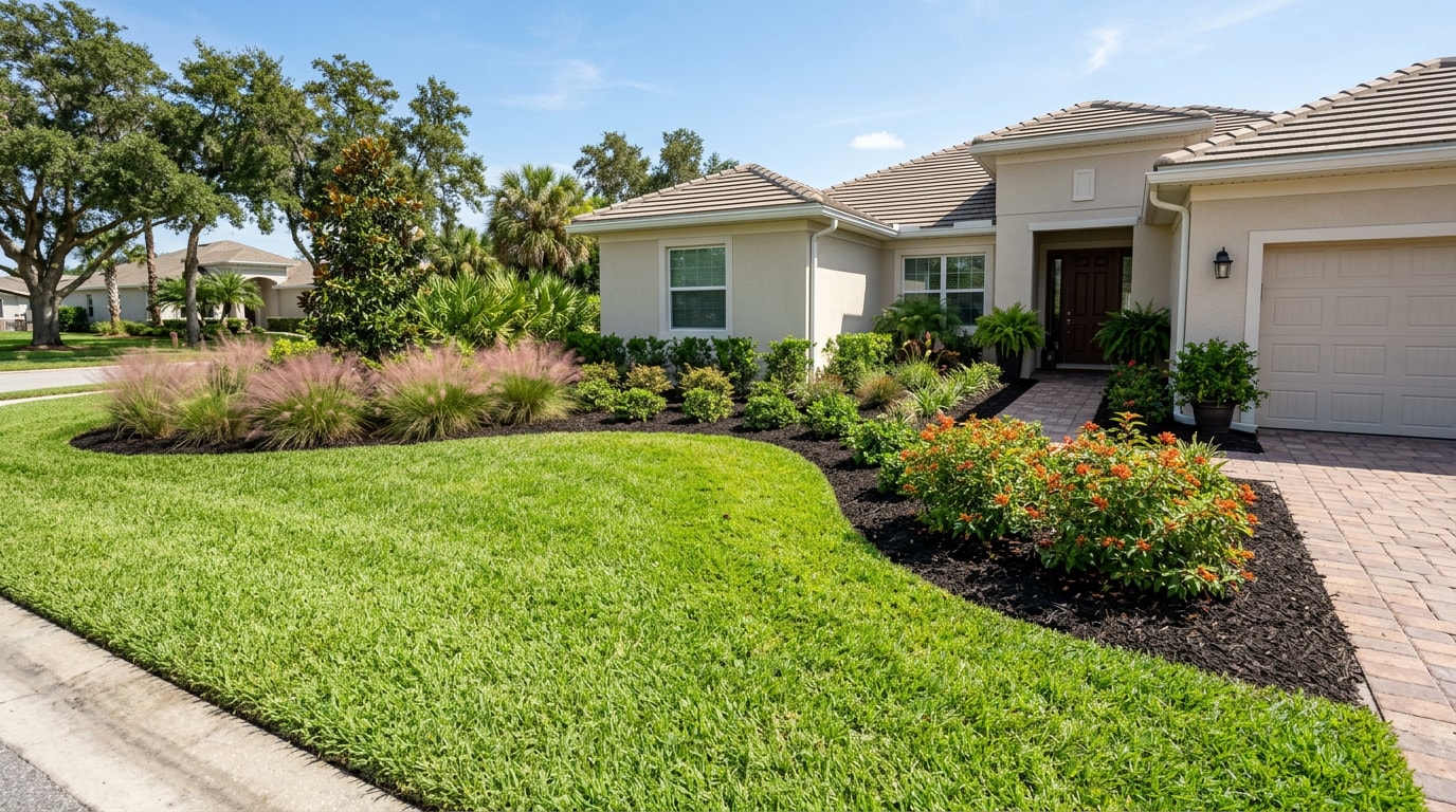 Freshly installed softscape landscaping with new sod and layered planting beds in Central Florida Freshly installed softscape landscaping with new sod and layered planting beds in Central Florida