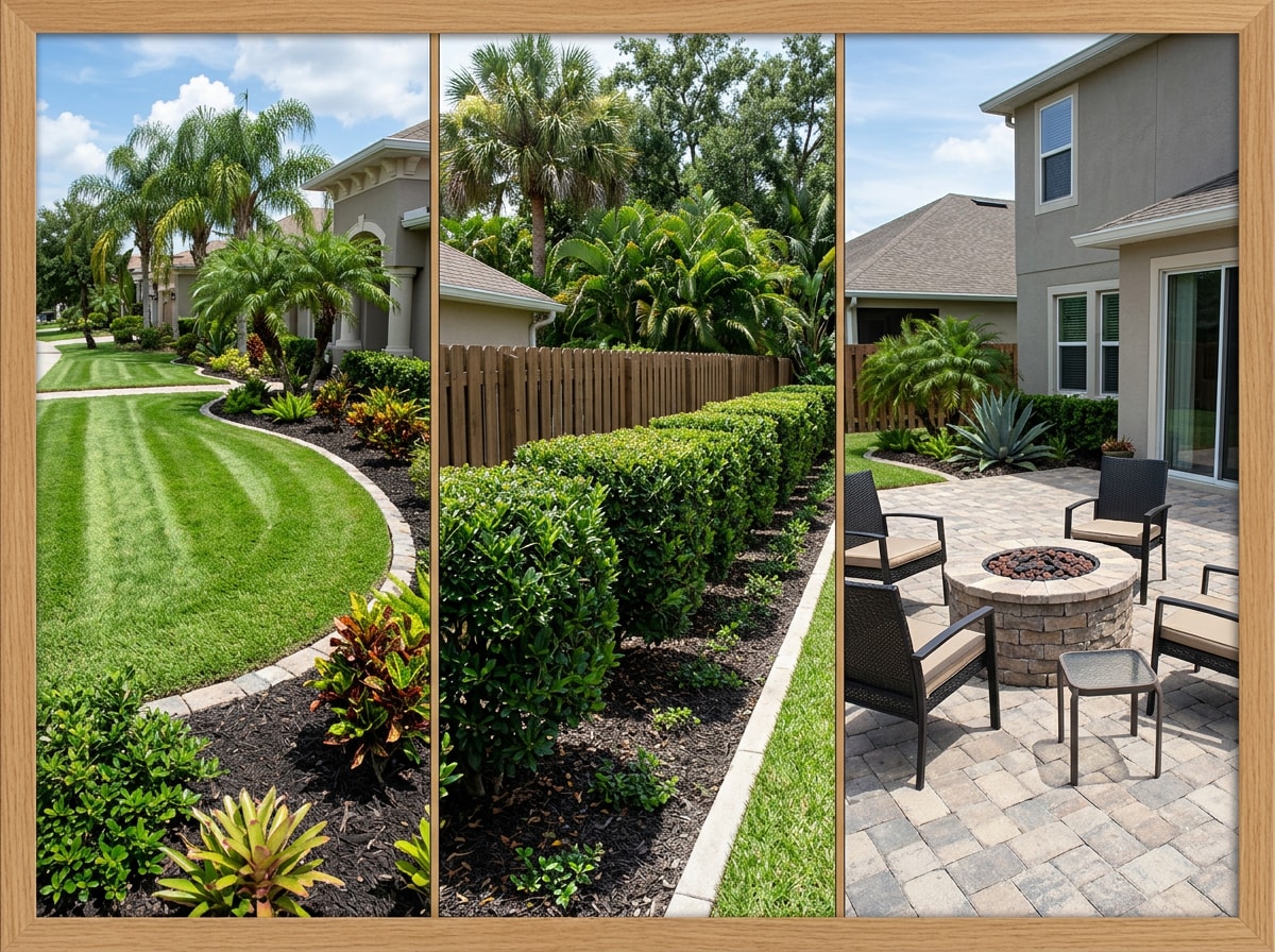 Collage showing Orlando lawn mowing, tree pruning, and patio hardscaping services side by side