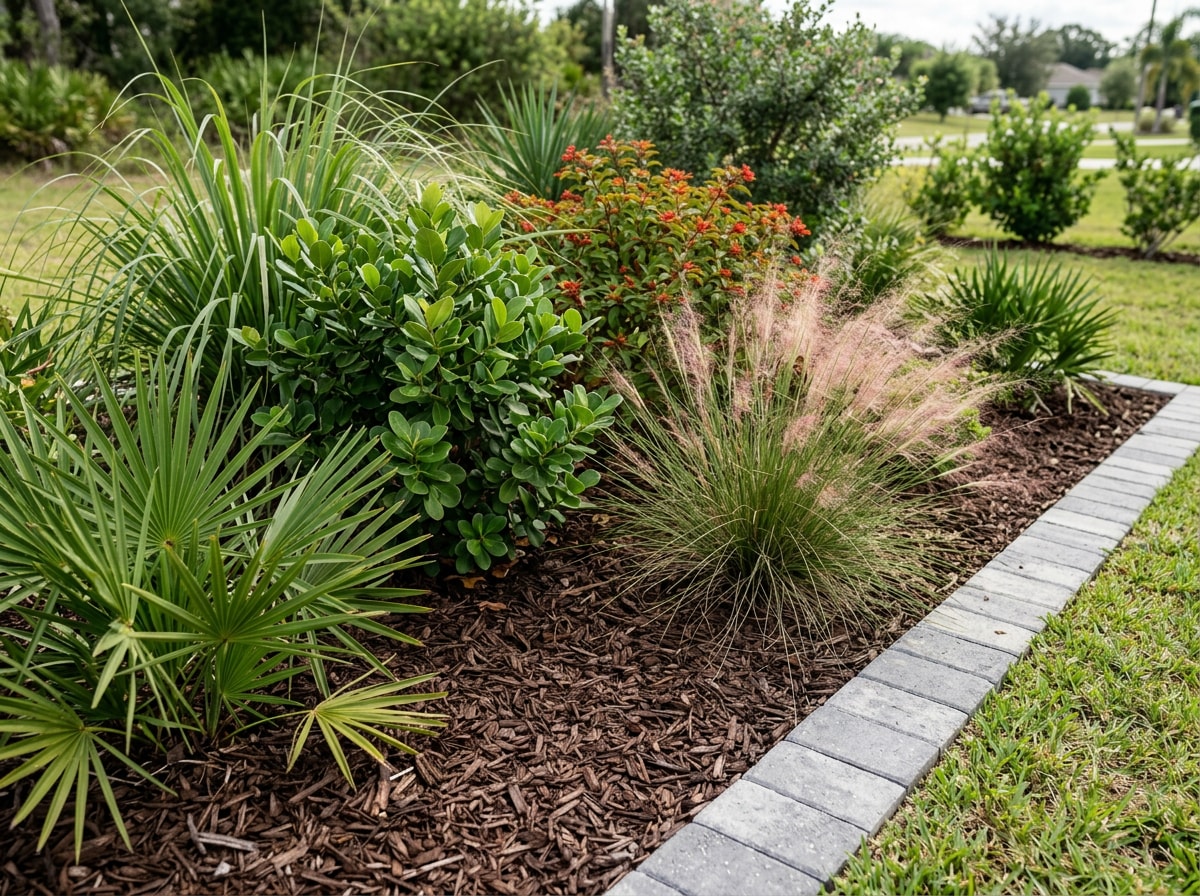 Florida-friendly planting bed featuring drought-tolerant native shrubs and mulch in an Orlando yard