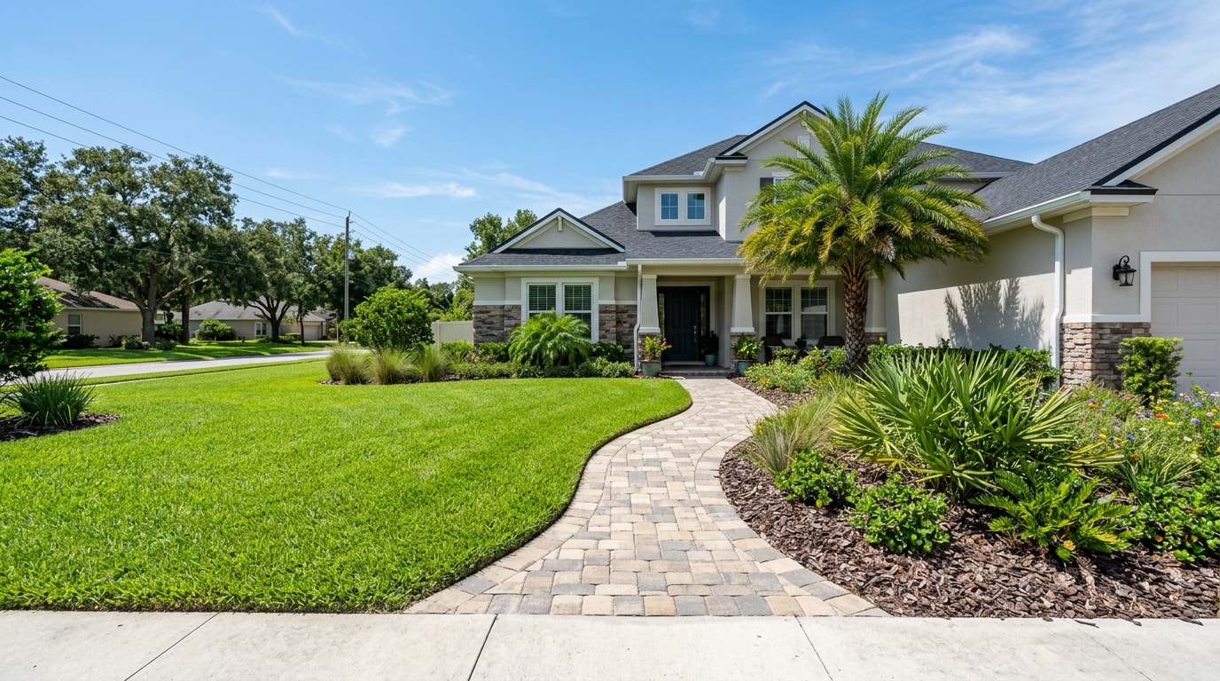 Finished Orlando, FL front yard combining lawn, paver walkway, and Florida-friendly planting beds