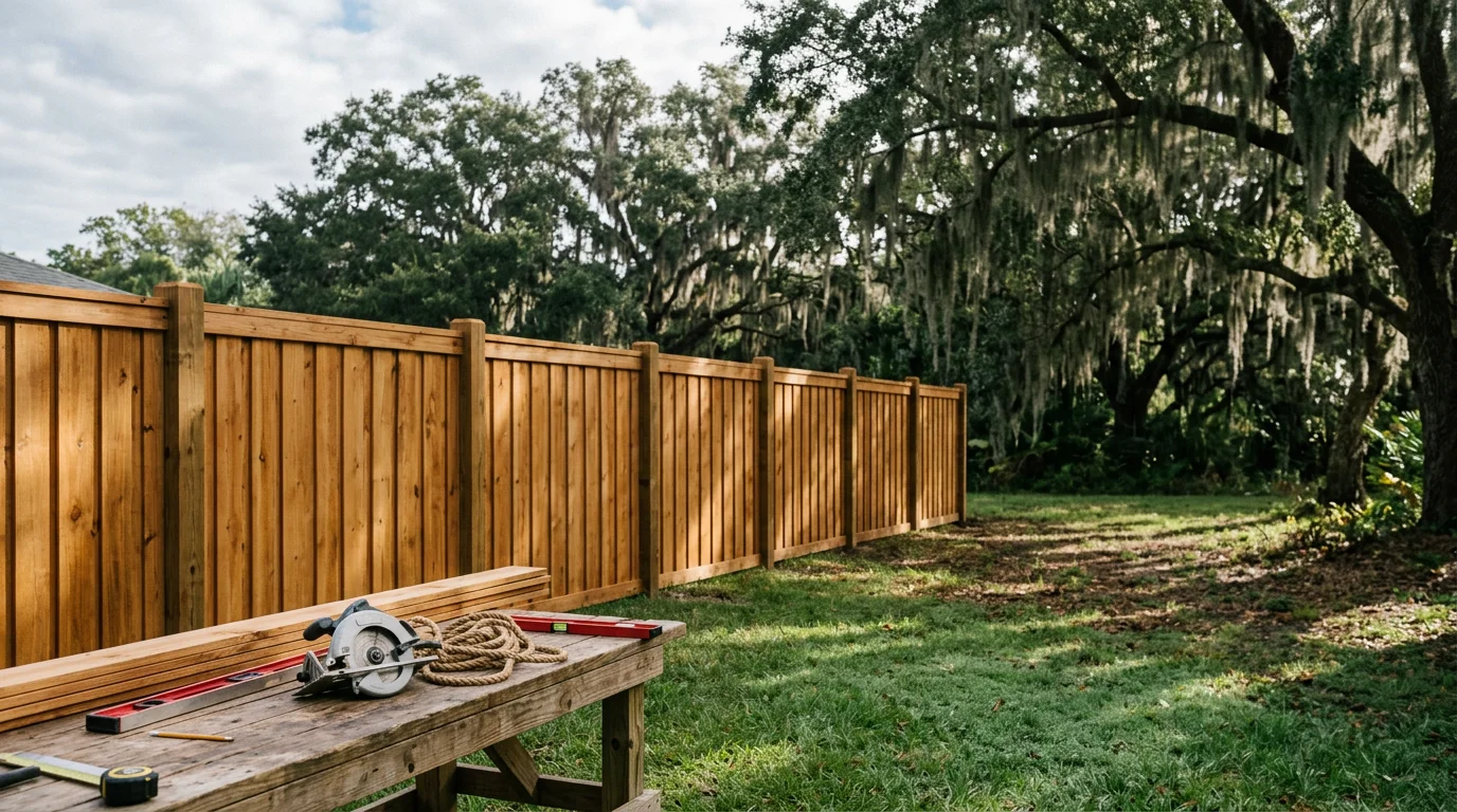 New wooden privacy fence installed along a residential property line