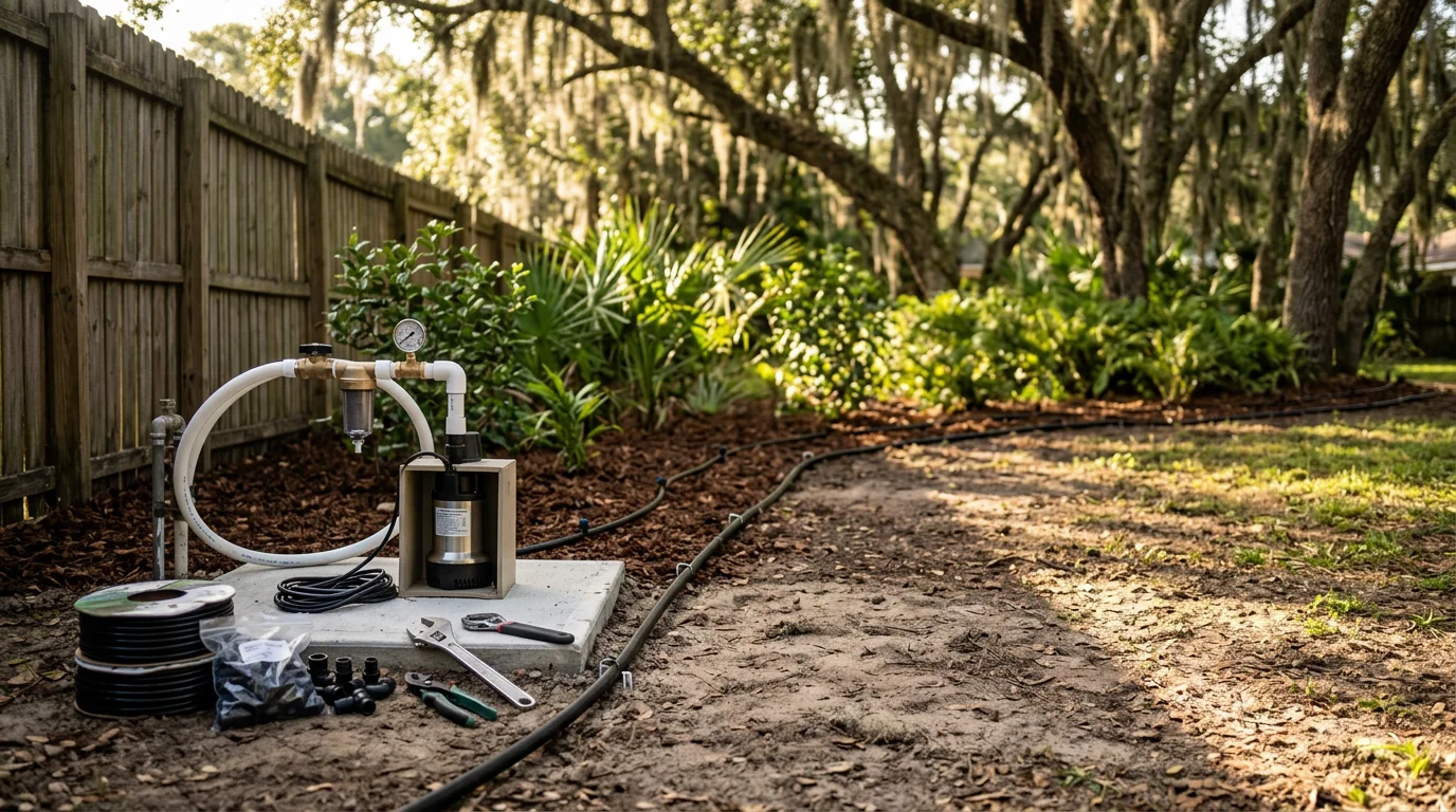 Irrigation system sprinkler head watering a green lawn