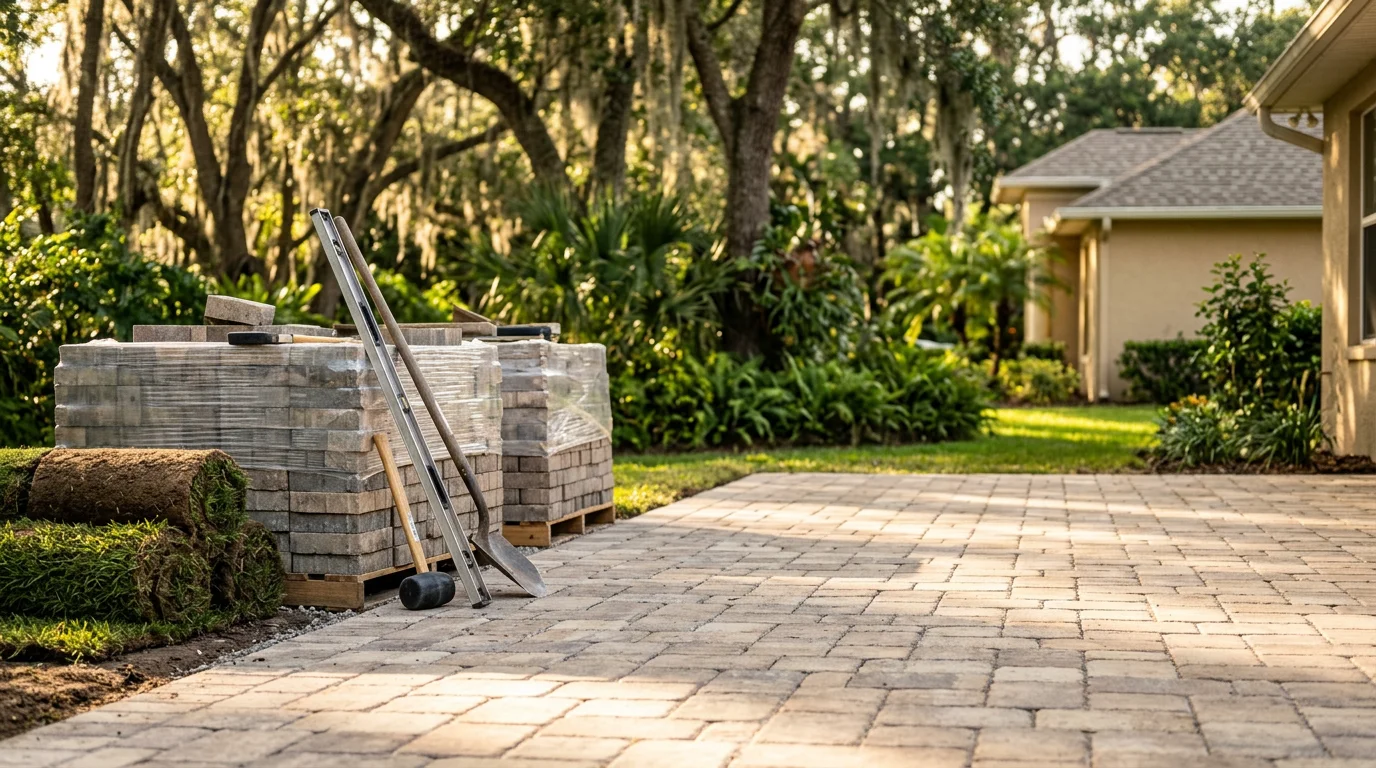 Newly installed paver patio with pergola and landscaping in a residential backyard