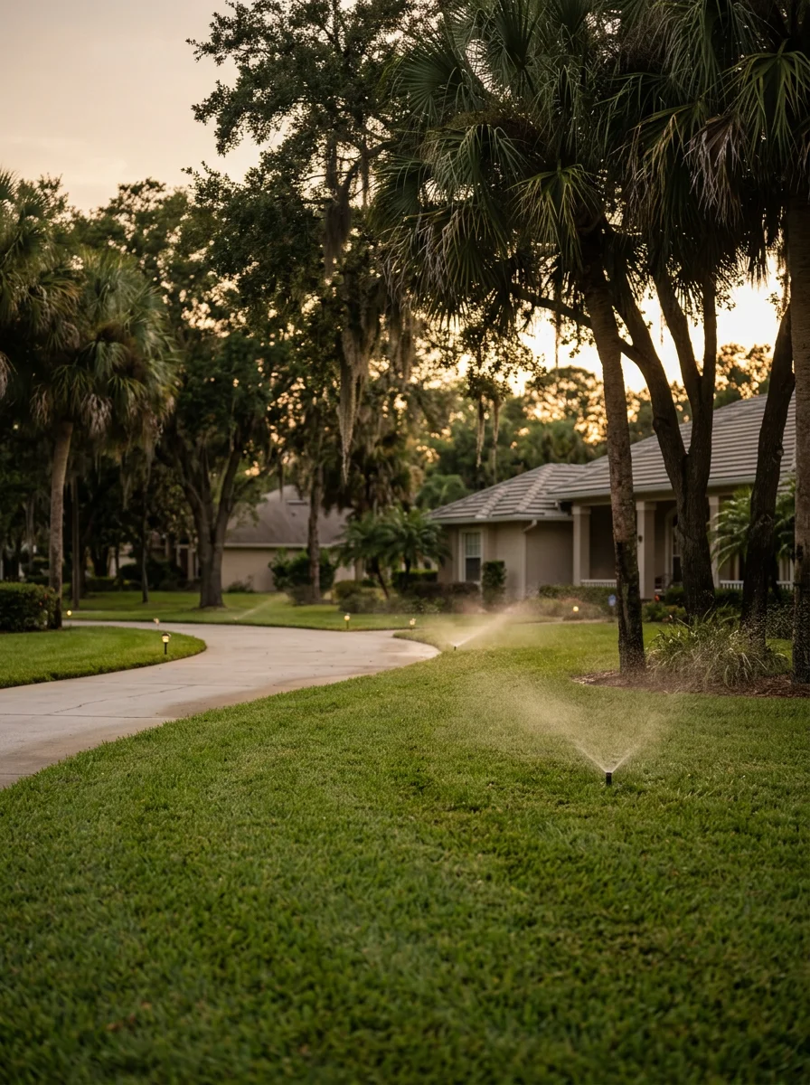 A wide-angle view of a Central Florida property with an irrigation system running across a large sodded lawn, mature palm trees, and landscape lighting along the driveway.