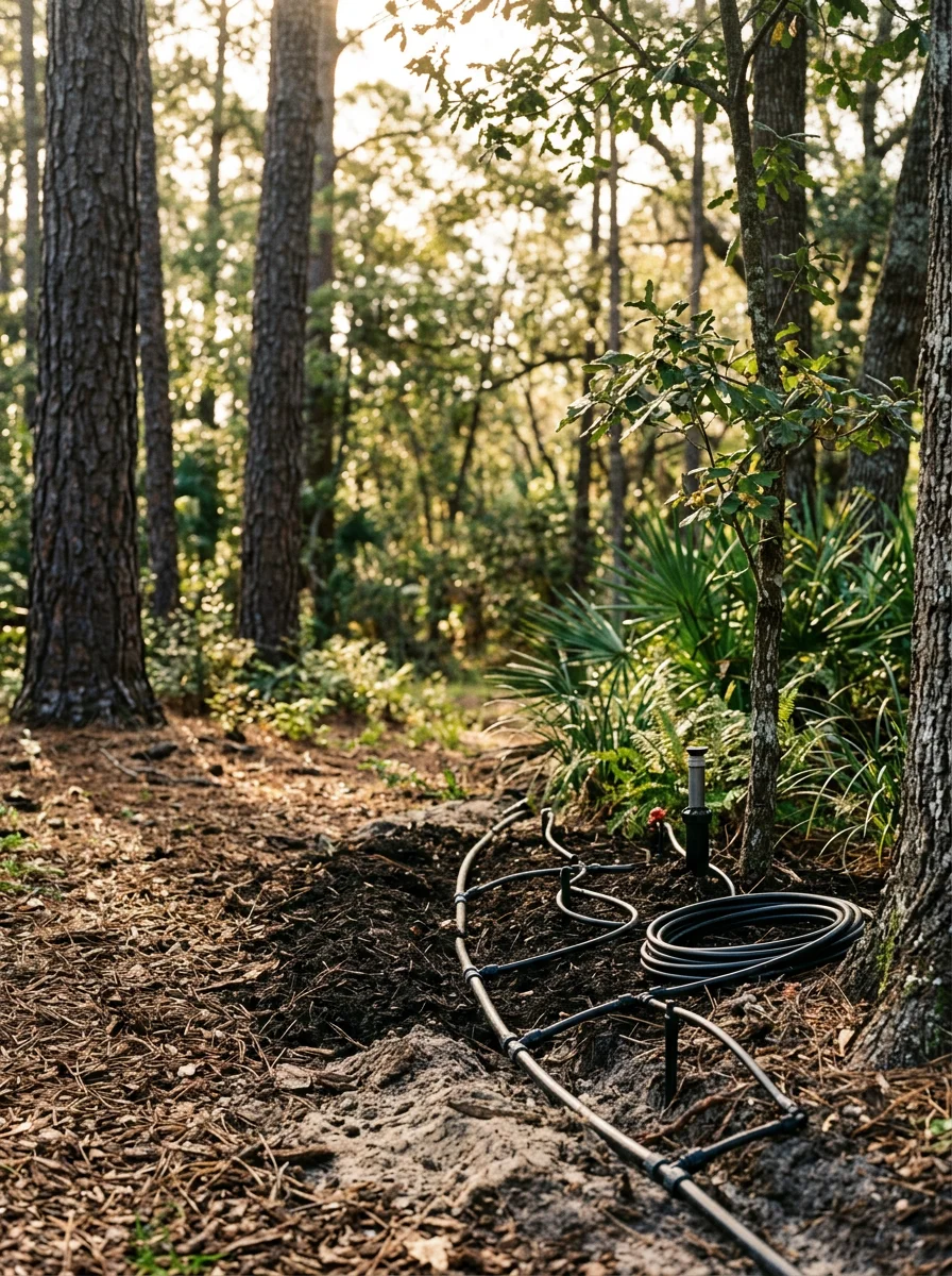 An irrigation system installation in a Lake Mary residential yard with mature pine and oak trees and a wooded lot boundary visible along the property edge.