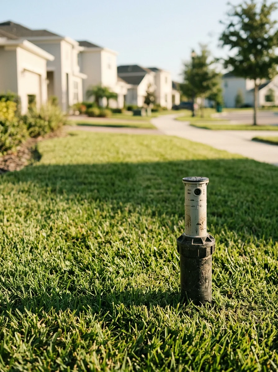 A new irrigation head installed in a Lake Nona residential lawn with a master-planned community streetscape and modern homes visible in the background.