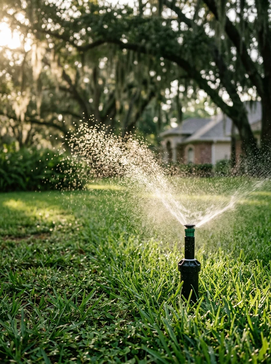 Close-up of an irrigation head watering a St. Augustine lawn in an Orlando residential neighborhood with mature oak trees in the background.