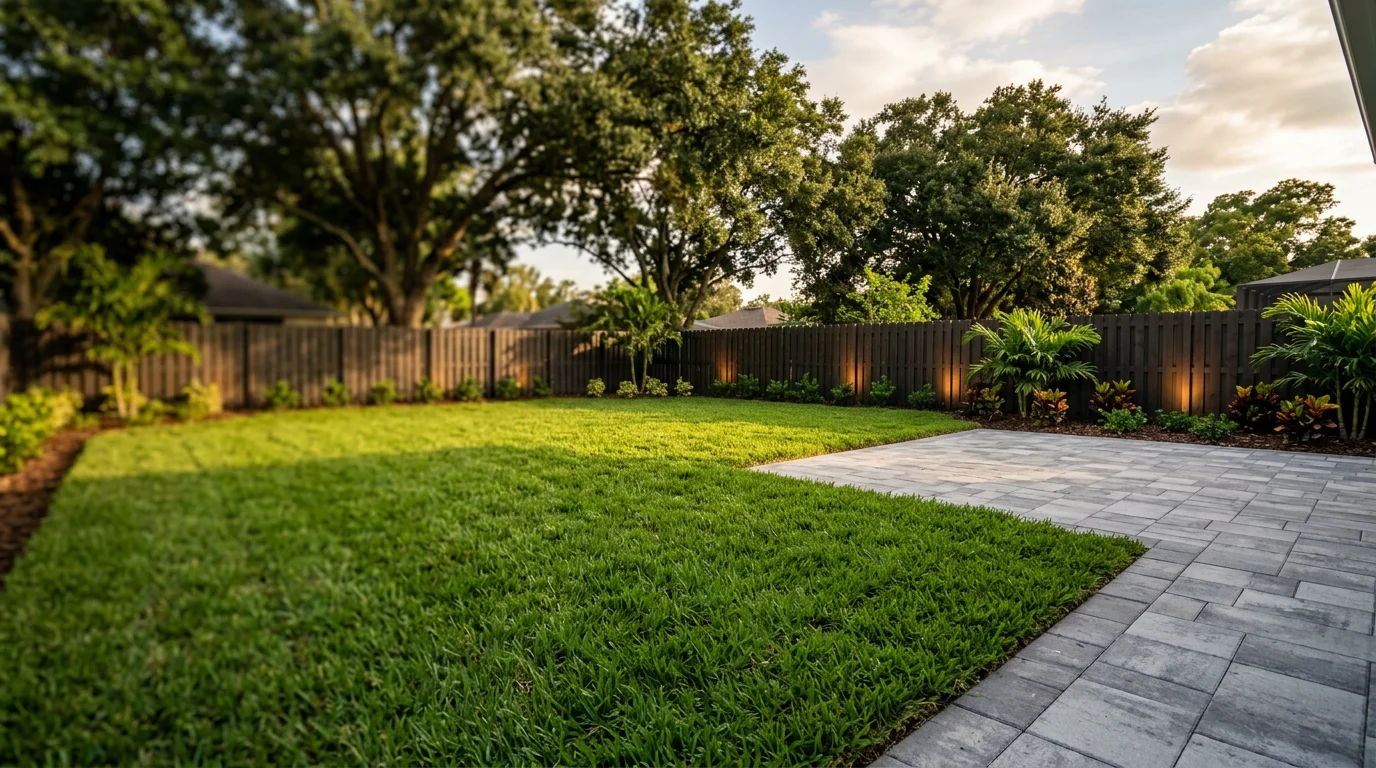 A freshly sodded Orlando backyard with a new paver patio and landscape lighting installed along the perimeter fence, photographed in late afternoon sun.