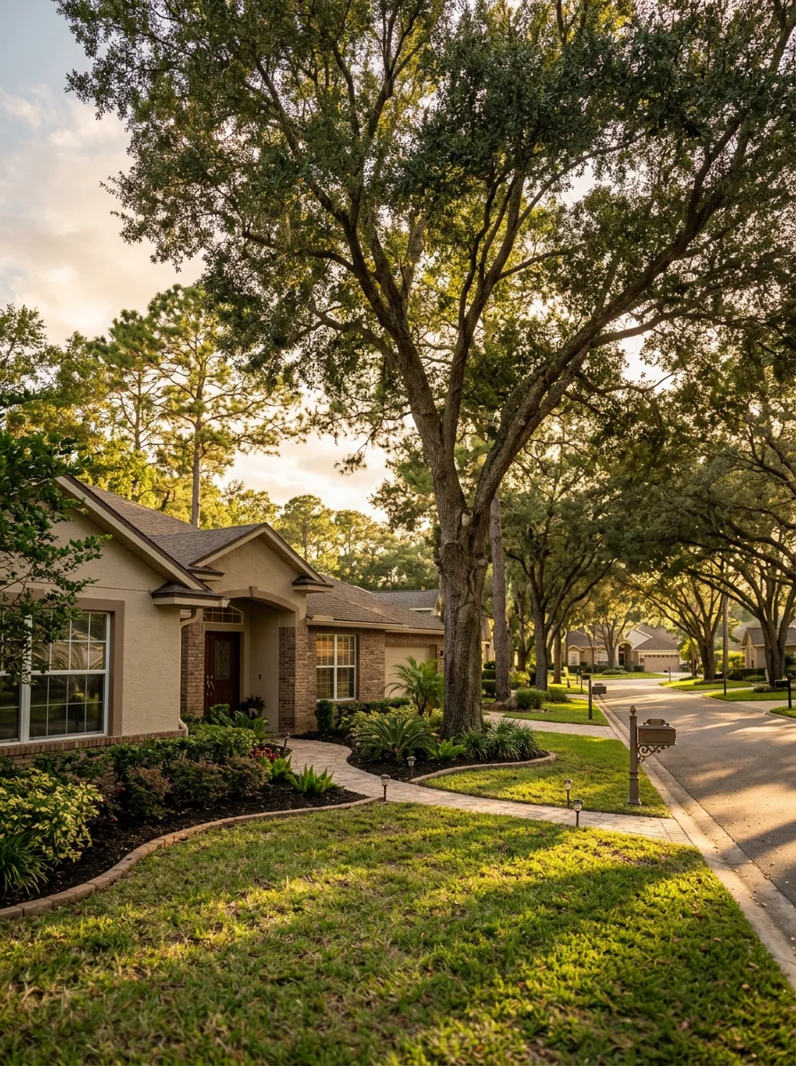 A mature tree-lined street in an Oviedo subdivision from the 1990s with established landscaping, an edged lawn, and landscape lighting installed along the front walkway.