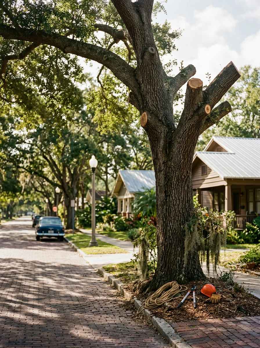 A tree trimming crew removing dead limbs from a large oak in a Sanford neighborhood near Lake Monroe, with historic downtown homes visible along the street.