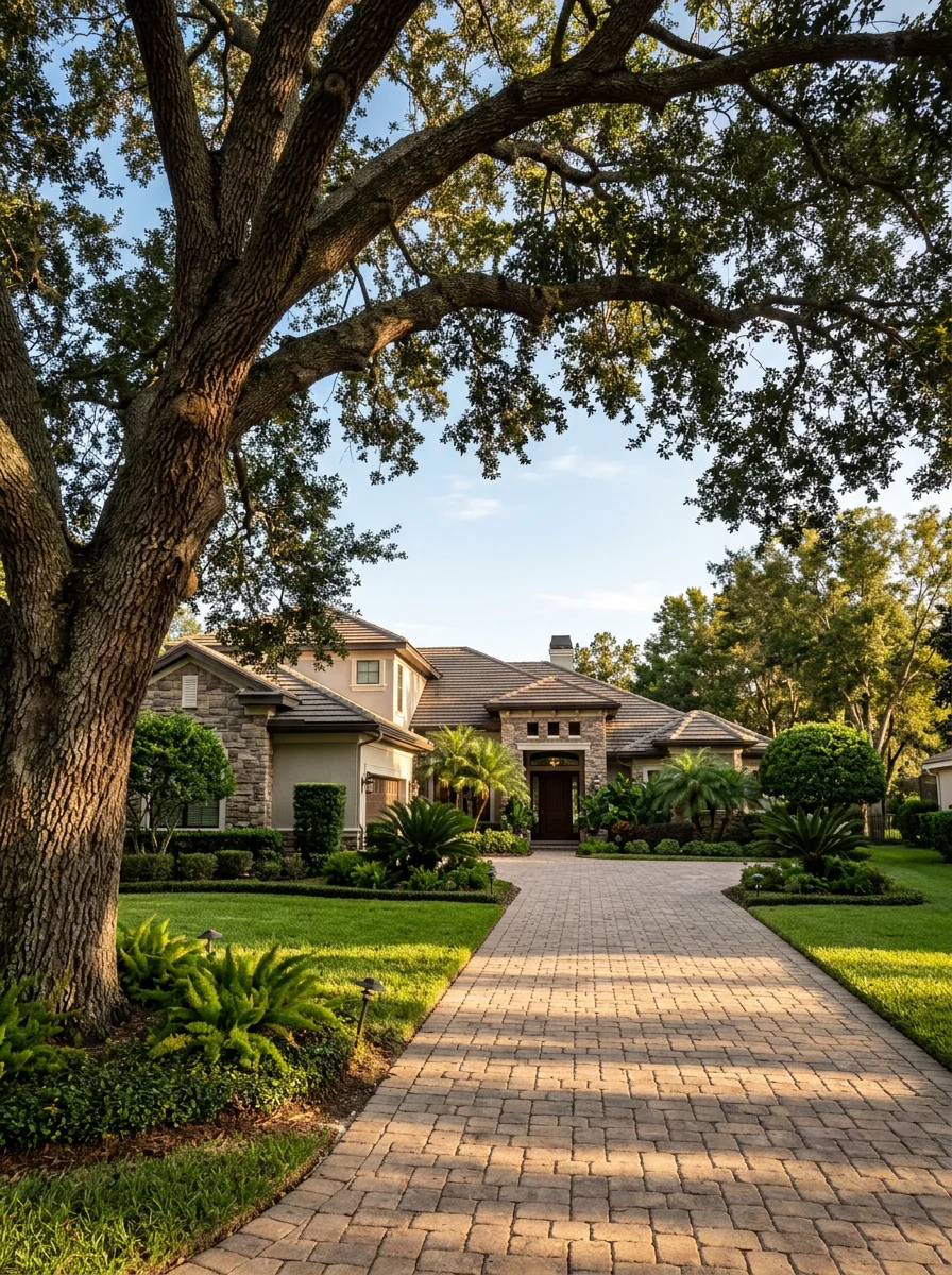 A wide irrigated lawn at a Windermere gated community home with a mature live oak canopy and a paver driveway leading to the front entrance.