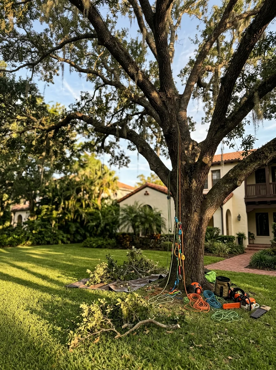 A tree trimming crew working on a large live oak in an Olde Winter Park residential yard with historic Spanish Mediterranean architecture visible in the background.
