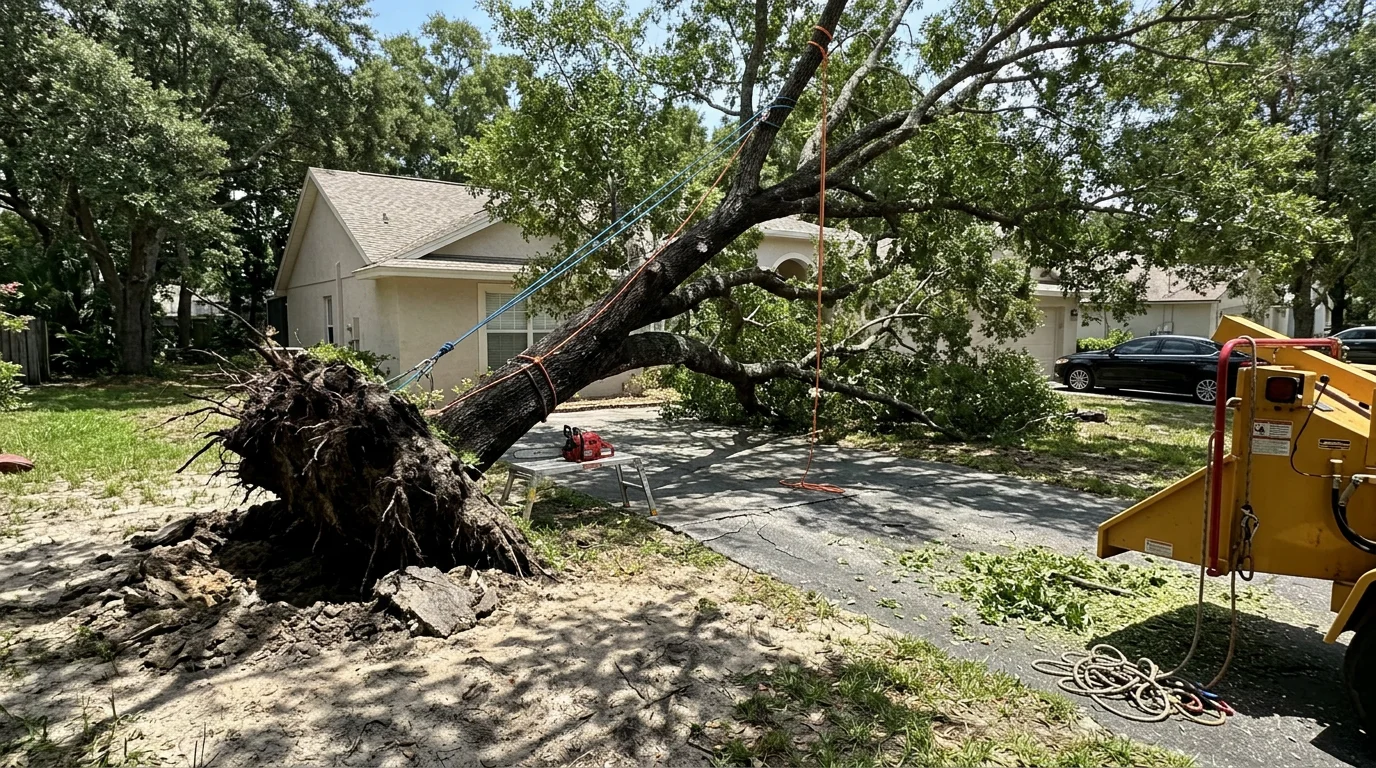 A large storm-damaged oak tree removed from a residential property in Orlando, Florida, with the cleared yard visible and no debris remaining. A Deep South Outdoors crew works near a home in a Central Florida neighborhood following hurricane wind damage.
