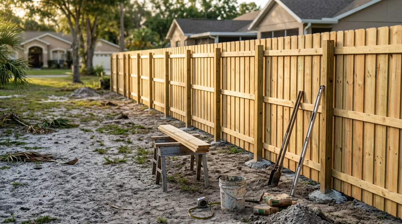 A newly installed wooden privacy fence along the backyard of a residential home in Orlando, Florida. The fence runs along a clearly defined property line with green grass and a blue sky visible in the background.