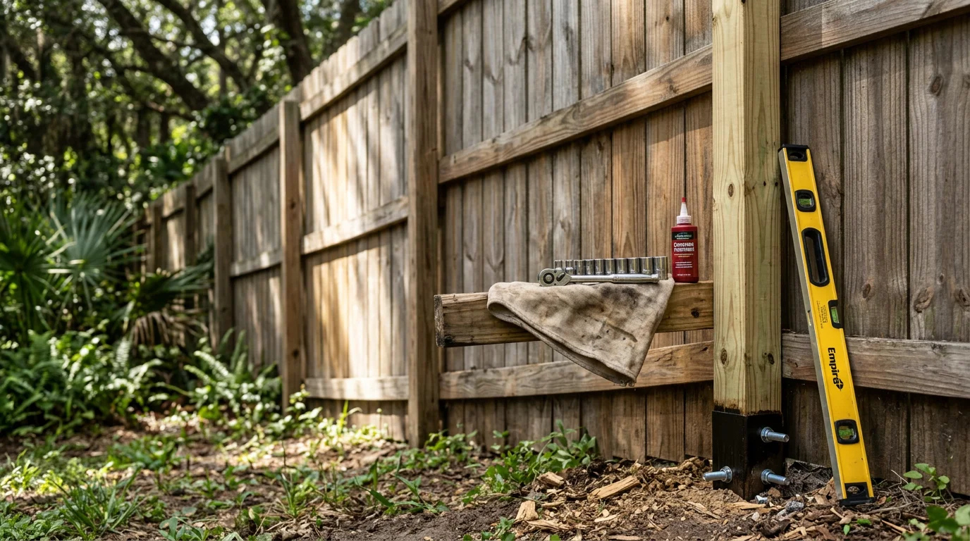 A well-maintained wooden privacy fence along a residential backyard in Orlando, Florida, with clean boards, straight posts, and trimmed vegetation along the fence line. A fence contractor from Deep South Outdoors inspects the gate hardware during a routine maintenance visit.