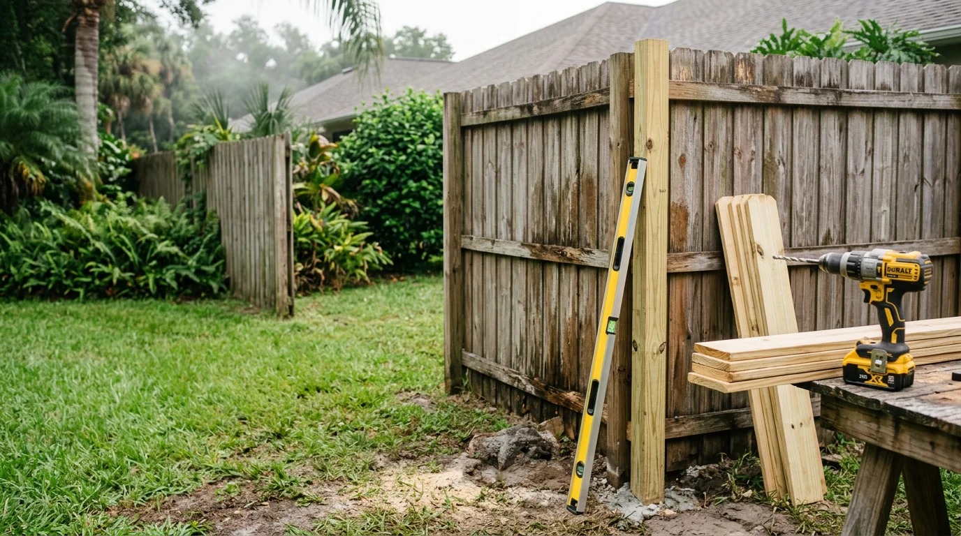 A repaired wood privacy fence with straight posts and new panels in a residential backyard in Orlando, Florida. The fence line runs along a green lawn with no visible storm damage or leaning sections.