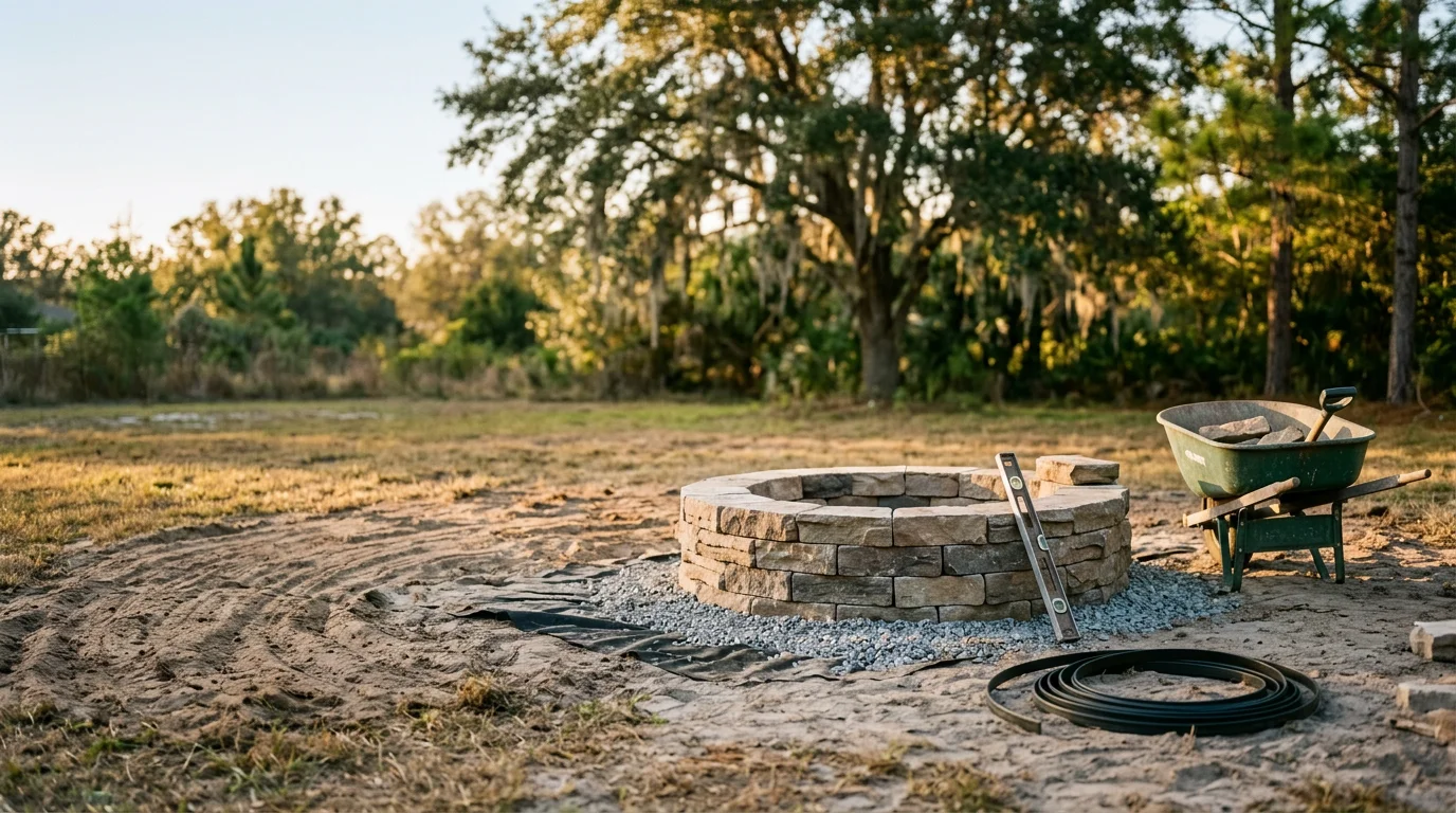 A custom built-in fire pit installed in an Orlando backyard, surrounded by a paved seating area with outdoor chairs arranged for evening gatherings. The fire pit is set away from the home with a clear view of the surrounding Central Florida landscape.