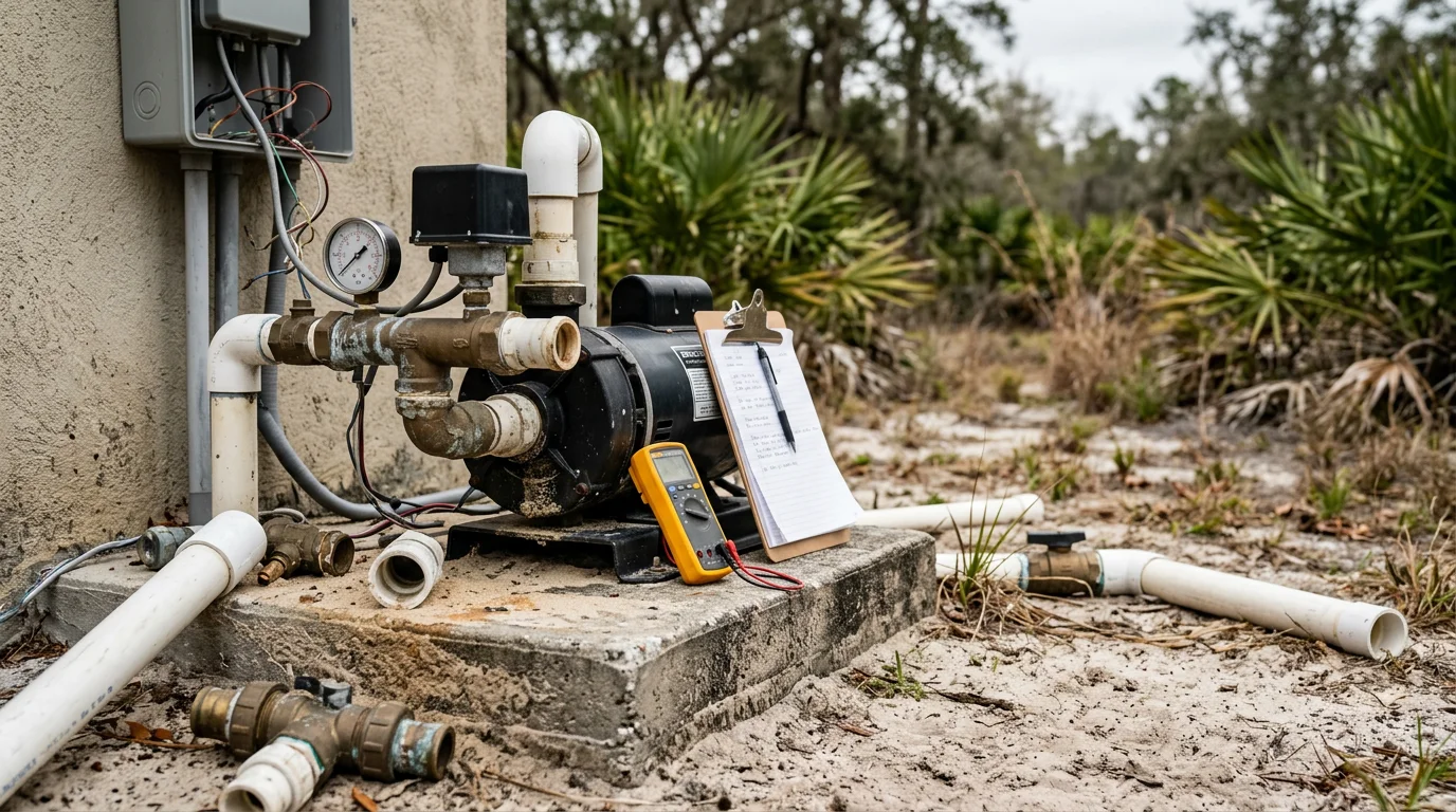 A residential irrigation pump system being inspected and repaired in an Orlando, Florida backyard. A technician checks the pump housing and pressure connections on a property with a well-based irrigation setup.