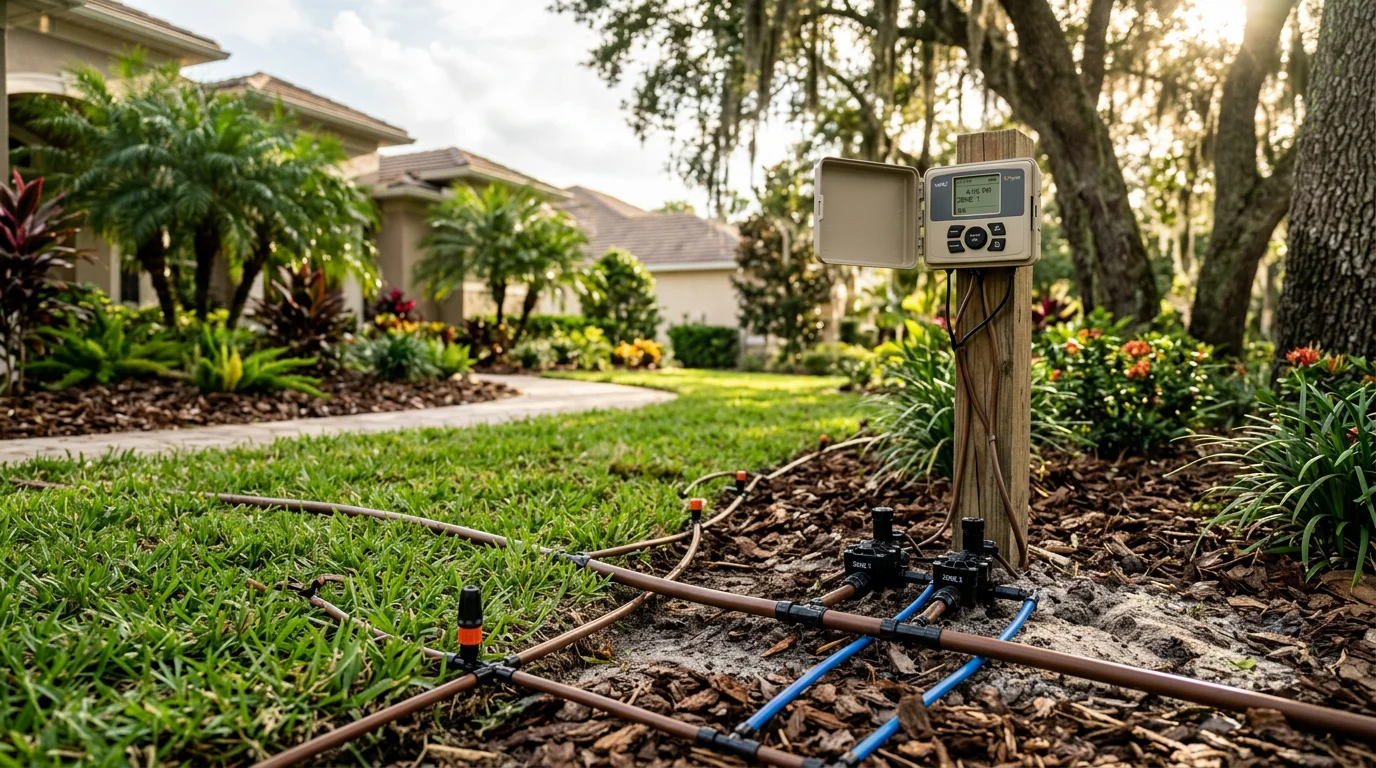 Newly installed irrigation sprinkler heads watering a green St. Augustine lawn at an Orlando-area residential property. Multiple spray zones are active across the turf, with a garden bed visible along the property edge.