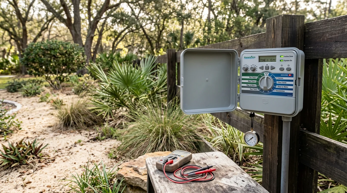 A Deep South Outdoors technician inspecting and adjusting a sprinkler head in a residential lawn in Orlando, Florida. Green turf surrounds the spray zone with a Florida-style home visible in the background.