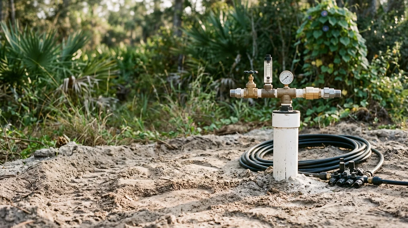 A newly installed irrigation well pump connected to a residential sprinkler system in Orlando, Florida. The well head sits at ground level beside a green lawn in a Central Florida neighborhood.