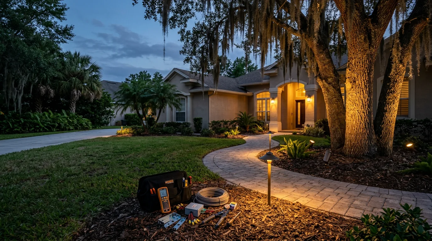 Professionally installed landscape lighting illuminating a residential front yard in Orlando, Florida, with pathway lights lining a walkway and uplights highlighting mature trees against a dark evening sky.