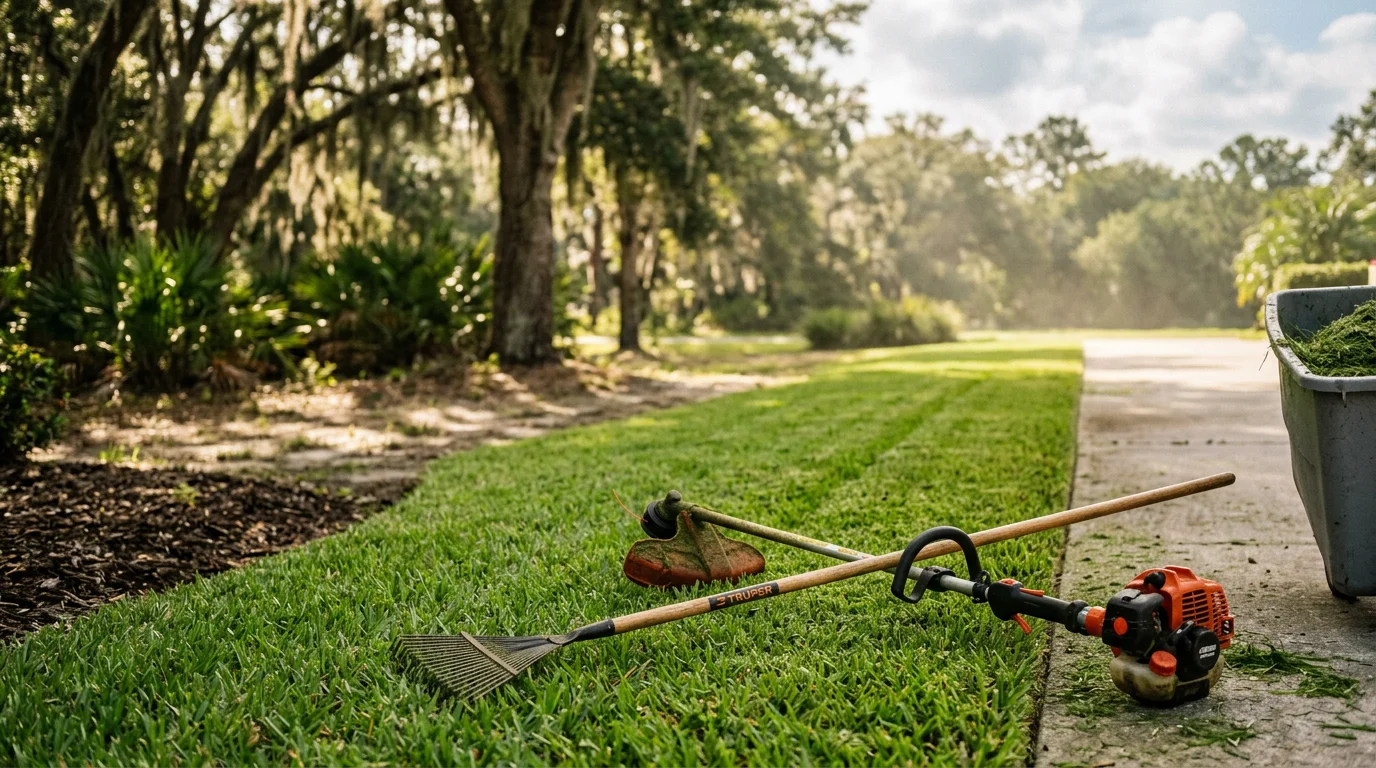 A freshly mowed and edged residential lawn in Orlando, Florida, with clean border lines along a concrete walkway and neatly trimmed grass typical of Central Florida warm-season turf.