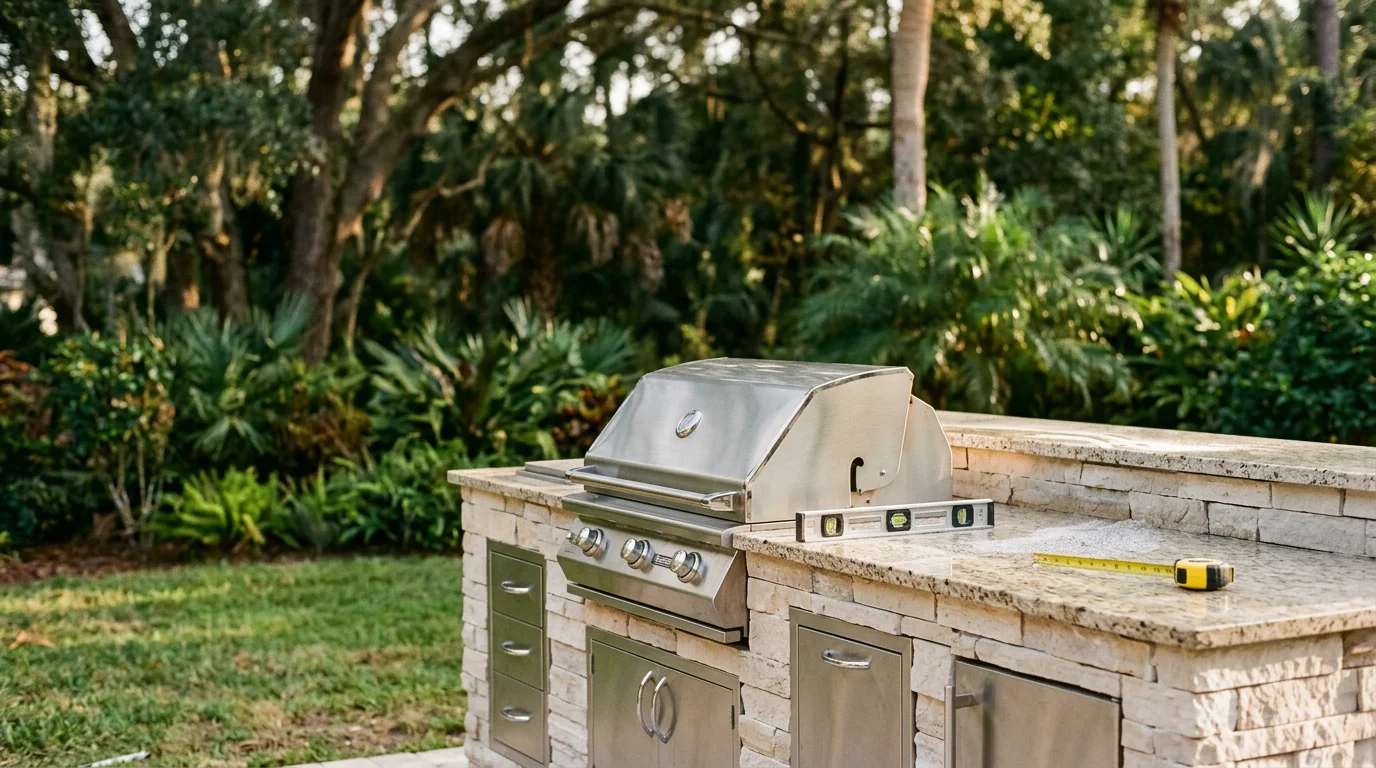A completed custom outdoor kitchen installed in an Orlando, Florida backyard, featuring a built-in grill station, stone countertops, and storage cabinetry on a paved patio. The setup is designed for Central Florida's outdoor living style with durable, weather-resistant materials.