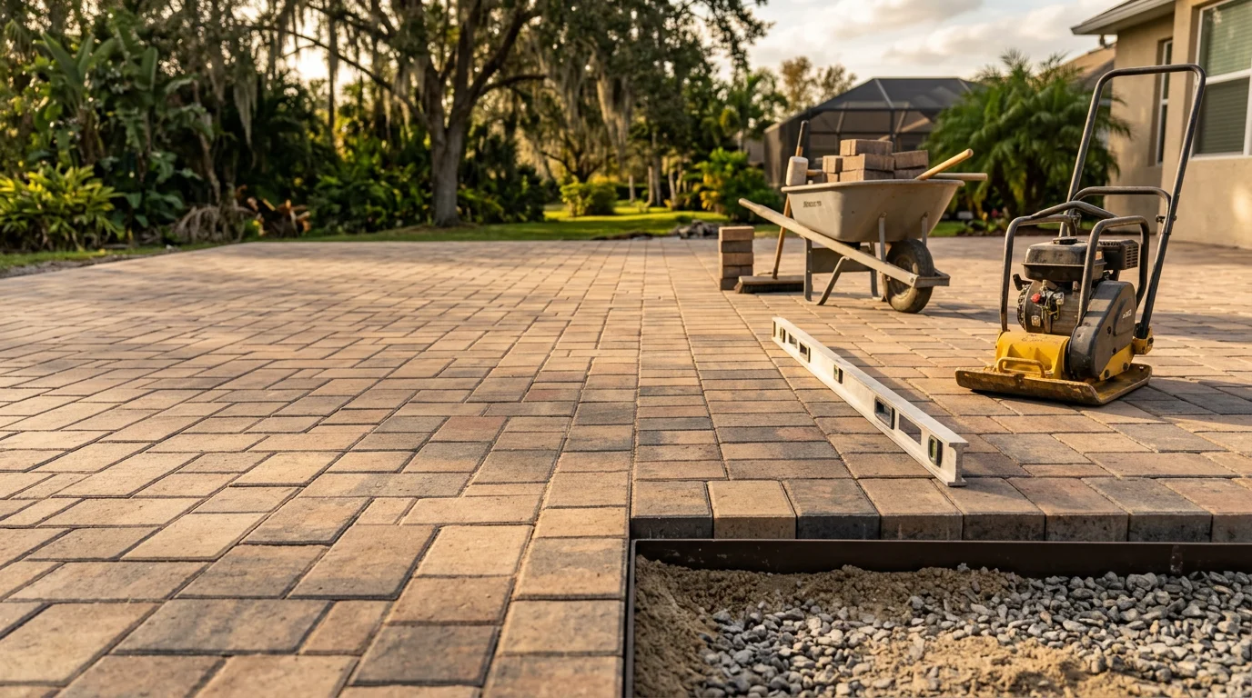 Freshly installed paver driveway at a residential home in Orlando, Florida, with clean joint lines and a gentle slope away from the garage. The paved surface extends to a walkway bordered by landscaped lawn under a bright Central Florida sky.