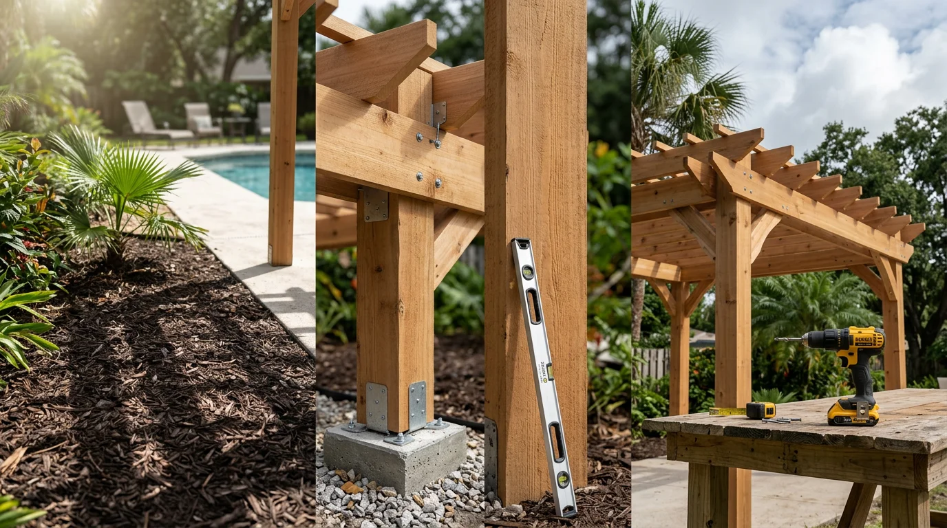 A custom pergola installed in a Central Florida backyard, providing shaded outdoor living space with a clear view of a residential home exterior. The structure stands on anchored posts over a patio area, suited to Orlando's sunny and storm-prone climate.