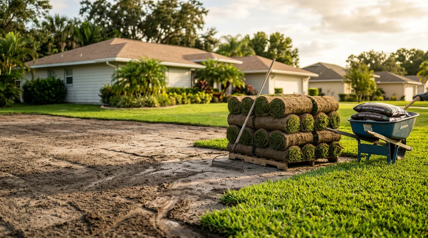 Freshly installed green sod covering a residential front yard in Orlando, Florida, with clean edges and level ground showing completed professional sod installation.