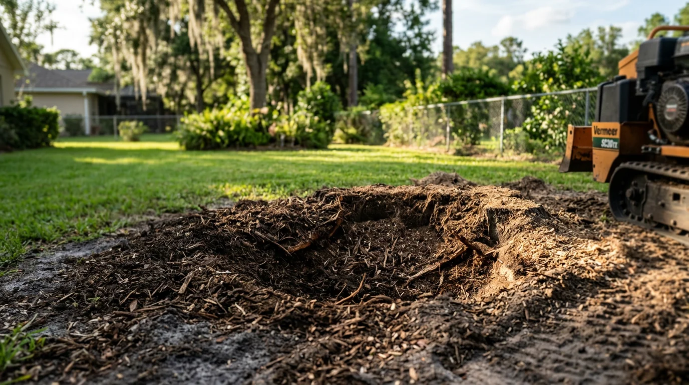 A freshly ground tree stump in an Orlando residential backyard, with wood chips filling the cavity and surrounding grass left intact. The cleared area is level and ready for sod or landscaping.