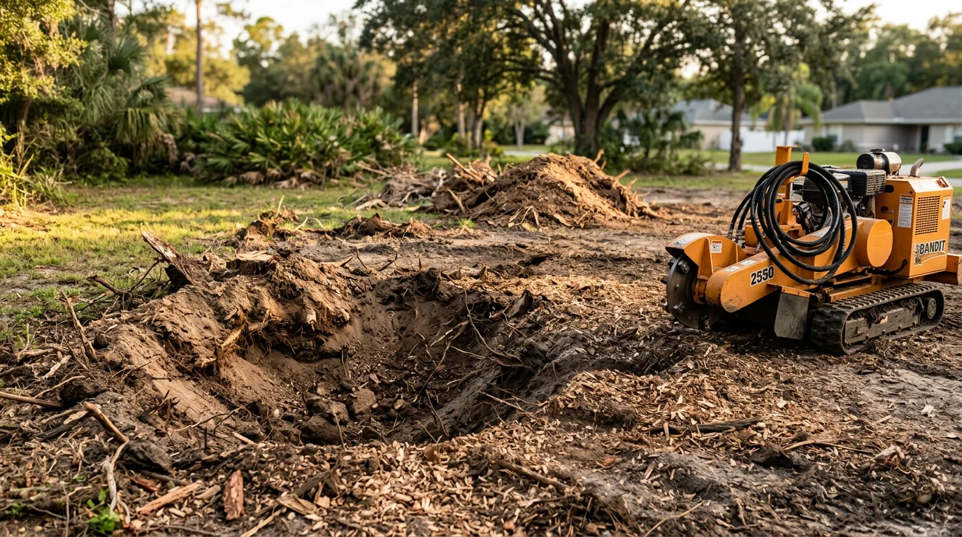 A cleared yard in Orlando, Florida after professional stump removal, showing a backfilled hole where a large tree stump and root ball were fully excavated. The surrounding lawn and landscaping remain intact.