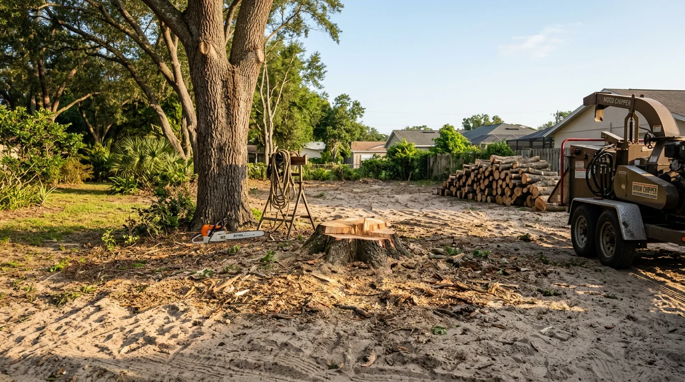 A large tree being safely removed from a residential property in Orlando, Florida, with the trunk sectioned and debris cleared from the surrounding yard. The home and fence line remain undamaged, showing a clean worksite in a Central Florida neighborhood.