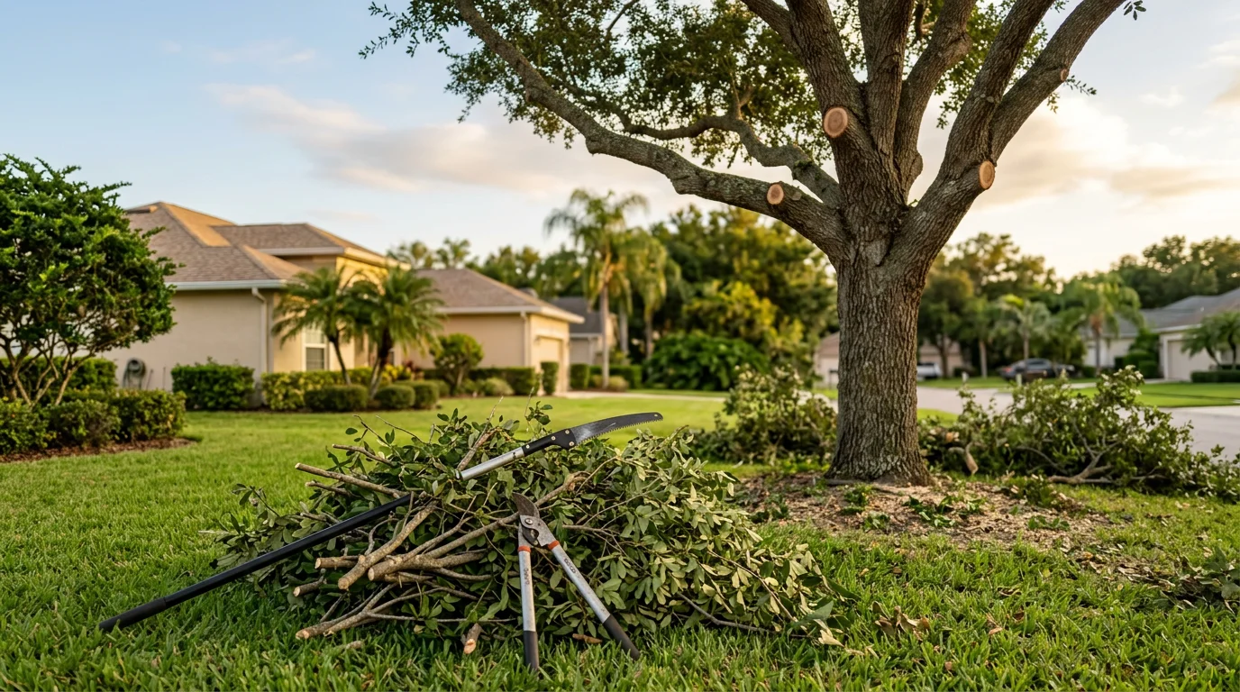A Deep South Outdoors crew member trimming the upper canopy of a mature live oak tree in a residential backyard in Orlando, Florida. Freshly cut branches are visible on the ground below the shaped tree.